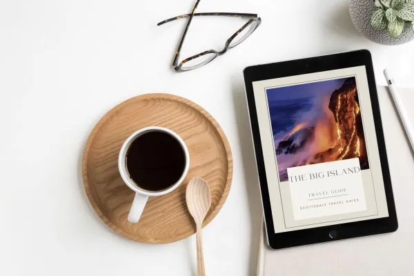 Tablet with travel guide and coffee on table.