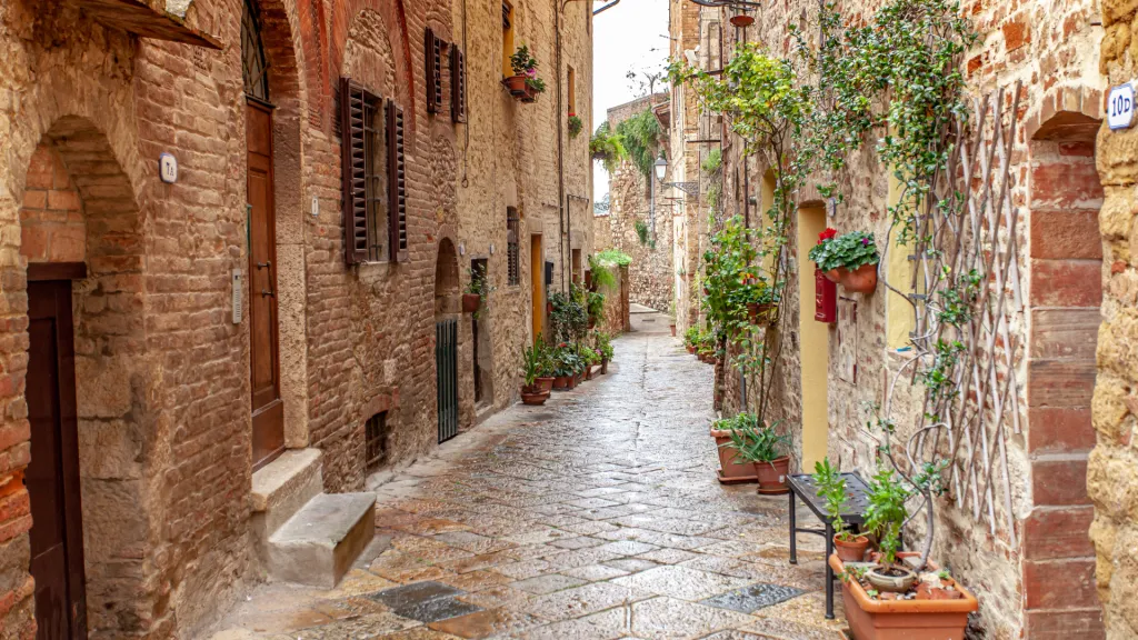Charming narrow alley with plants in Tuscany.