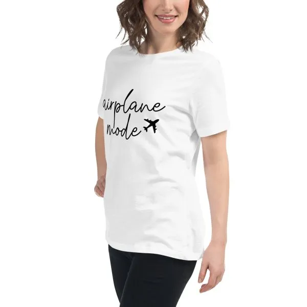 womens-relaxed-t-shirt-white-left-front-685484fd64ac6.jpg Person wearing 'airplane mode' t-shirt, white background.