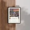 Lisbon Travel Guide Cover Mockup Tablet displaying Lisbon travel guide on wooden table.