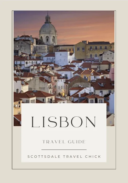 lisbon travel guide Lisbon cityscape at sunset, travel guide cover.
