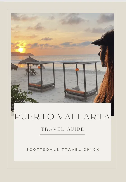 Puerto Vallarta beach at sunset, travel guide cover.
