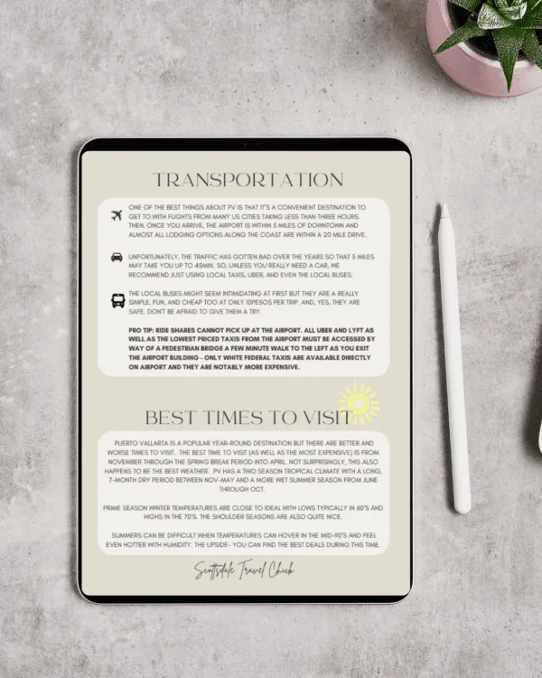 puerto vallarta travel guide iPad displaying a travel guide on transportation.