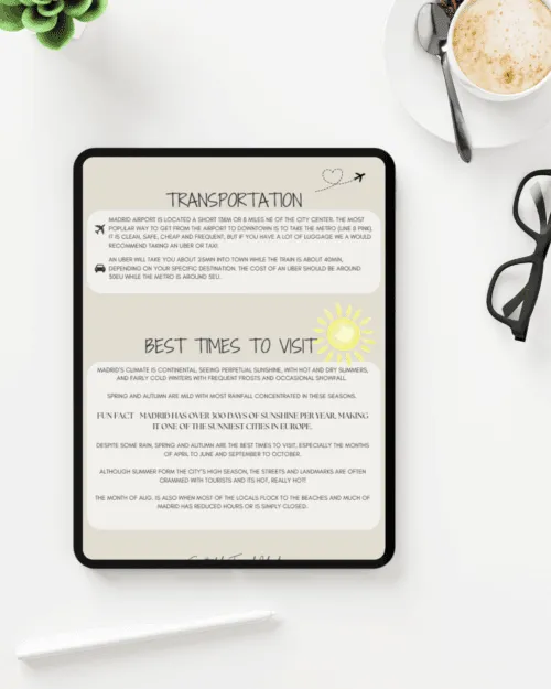 Tablet displaying travel guide for Madrid.