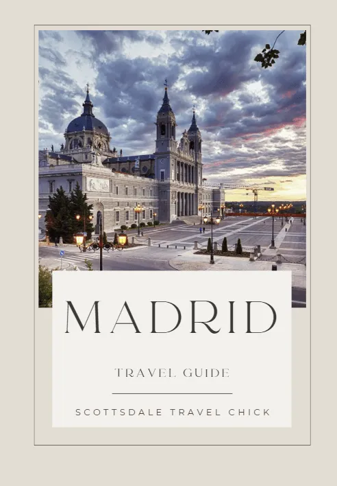 Madrid travel guide cover with cityscape view.